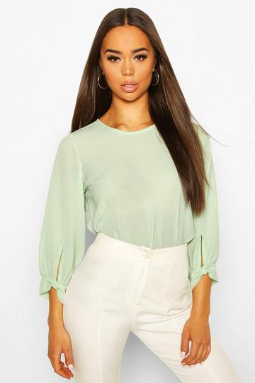 Sage Green Bow Sleeve Woven Blouse
