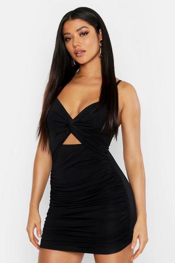 Black Rouched Knot Front Bodycon Mini Dress