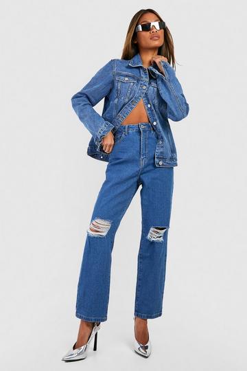 Basics High Waisted Ripped Straight Leg Jeans mid wash