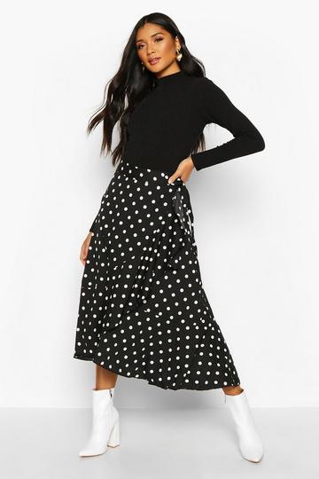 Black Polka Dot Ruffle Midi Skirt