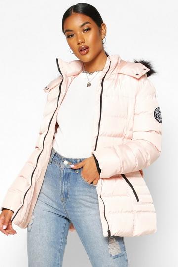 Faux Fur Hooded Belted Parka Coat pink