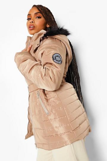 Faux Fur Hooded Belted Parka Coat stone