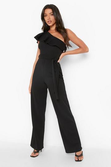One Shoulder Tie Belt Wide Leg Jumpsuit black