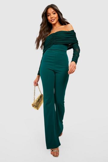 Green Mesh Bardot Ruched Jumpsuit