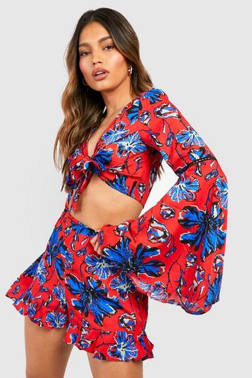 Floral Tie Front Shorts Set red