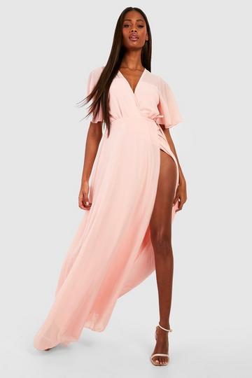 Chiffon Angel Sleeve Wrap Maxi Bridesmaid Dress blush
