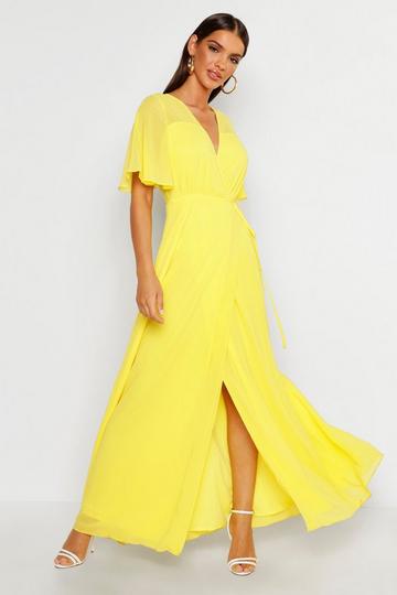 Lemon Yellow Chiffon Angel Sleeve Wrap Maxi Bridesmaid Dress