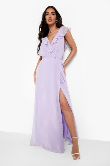 Lilac Purple Frill Wrap Detail Chiffon Maxi Bridesmaid Dress
