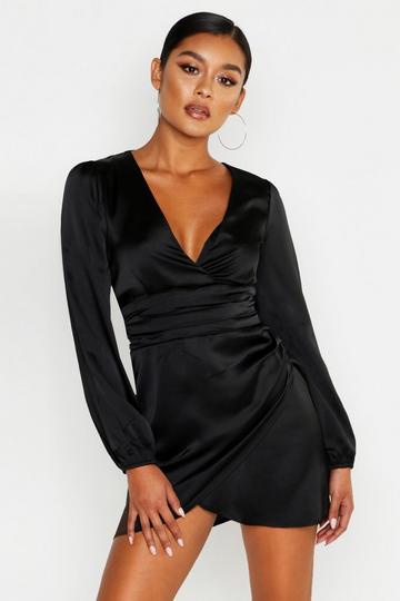 Satin Wrap Detail Mini Dress black