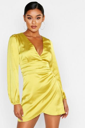 Satin Wrap Detail Mini Dress chartreuse