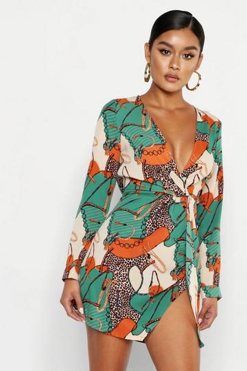 Satin Chain Print Twist Shift Dress green