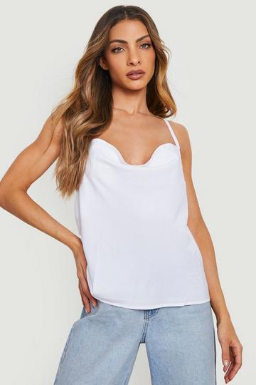 Cream Hammered Satin Cropped Cowl Neck Cami Top