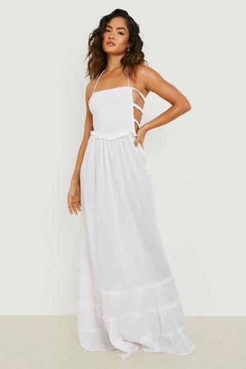 Cheesecloth Shirred Open Back Maxi Dress white