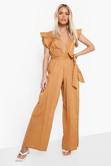 Petite Linen Look Plunge Ruffle Sleeve Jumpsuit tan
