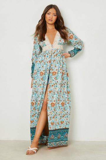 Light Brown Floral Crotchet Trim Button Detail Kimono