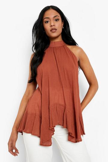 Tall Cheesecloth High Neck Swing Top tan