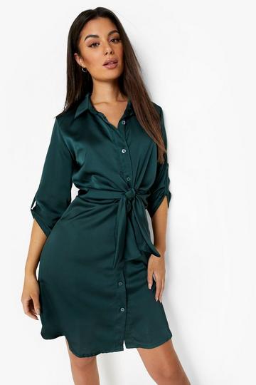 Green Satin Tie Front Shirt Dress