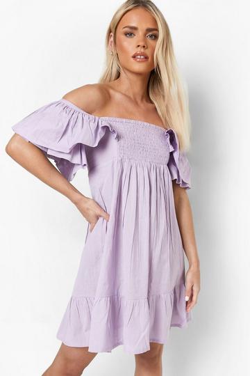 Lilac Purple Petite Linen Look Angel Sleeve Ruffle Mini Dress