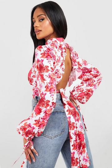 Woven Floral Tie Back Top red
