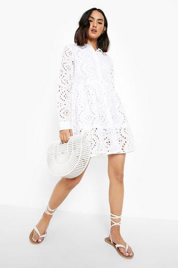 Broderie Tiered Shirt Dress white