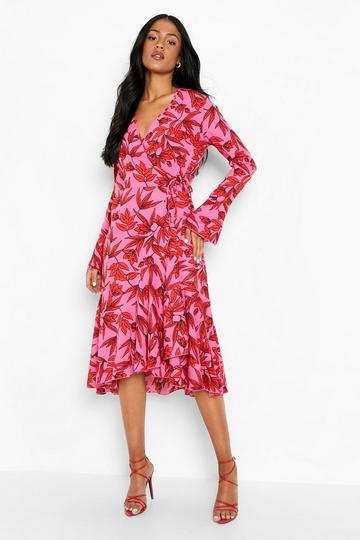 Tall Contrast Floral Print Wrap Midi Dress pink