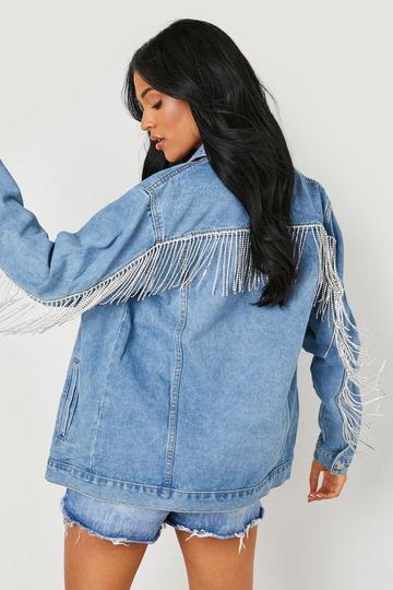 Blue Tall Tassel Diamante Detail Denim Jacket