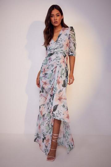 Yellow Maternity Occasion Floral Puff Sleeve Maxi Dress