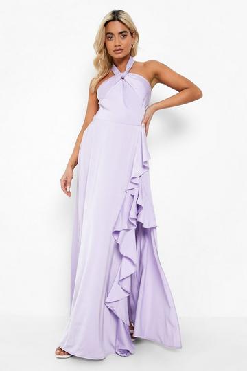 Lilac Purple Petite Satin Occasion Halter Frill Maxi Dress