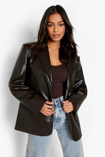 Brown Faux Croc Leather Blazer