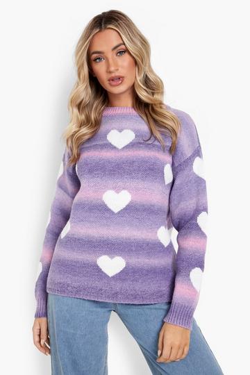 Purple Soft Knit Heart Print Ombre Jumper