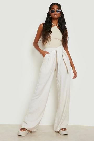 Beige Linen Look Tie Waist Wide Leg Trousers