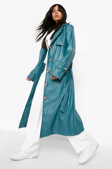 Faux Leather Trench Coat petrol