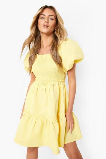 Lemon Yellow Puff Sleeve Shirred Tiered Smock Dress