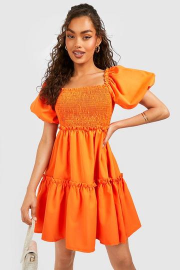Puff Sleeve Shirred Tiered Smock Dress orange