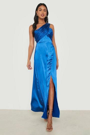 Hammered Satin One Shoulder Drape Maxi Dress dark navy