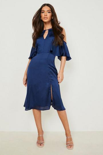 Navy Satin Cold Shoulder Midi Skater Dress
