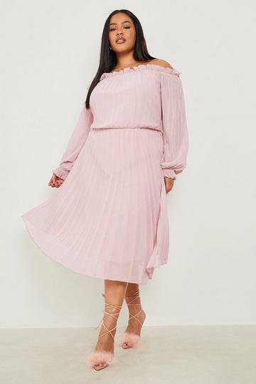 Pink Plus Chiffon Pleated Off Shoulder Skater Dress