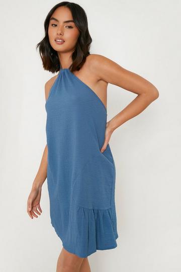 Teal Green Crinkle Skinny Halterneck Frill Hem Shift Dress