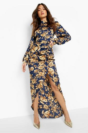 Navy High Neck Puff Sleeve Ruched Maxi Dress
