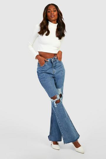 Light Brown High Waisted Ripped Flared Jeans
