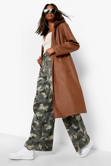 Brown Faux Fur Collar Pu Coat