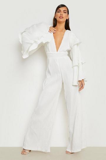 White Satin Layered Ruffle Sleeve Petite Playsuits & Jumpsuits