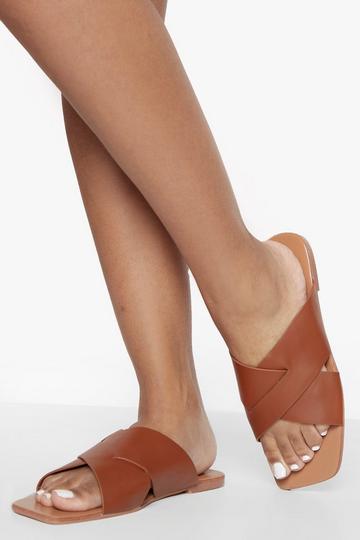 Tan Brown Wide Fit Square Toe Crossover Mule