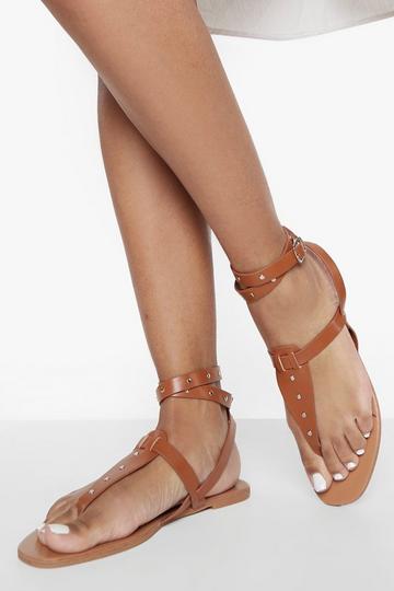 Tan Brown Toe Post Studded Sandal