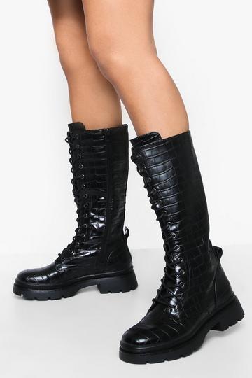 Lace Up Detail Calf High Boots black