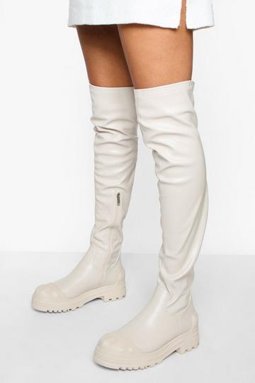Cream White Chunky Stretch Over The Knee Boots