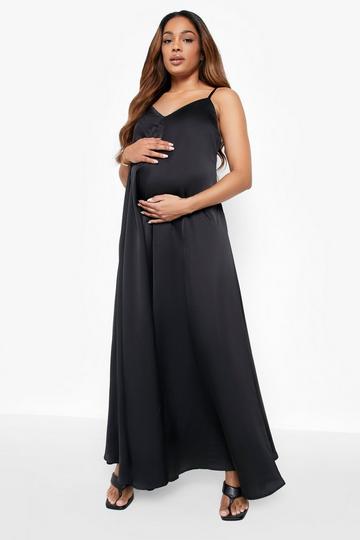 Black Maternity Satin V Neck Maxi Dress