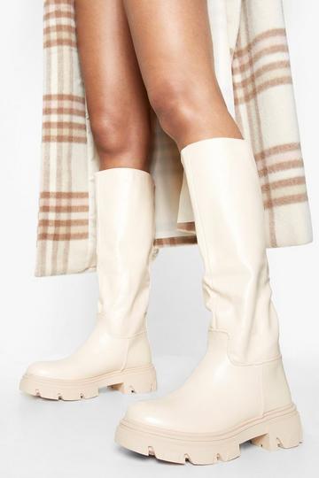 Cream White Cleated Sole Pull On Knee High Boots
