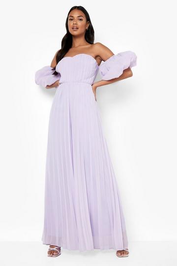 Pleated Puff Sleeve Bardot Wide Leg Jumpsuit lilac