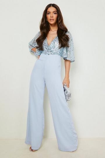 Sequin Flared Sleeve Wide Leg Jumpsuit light blue